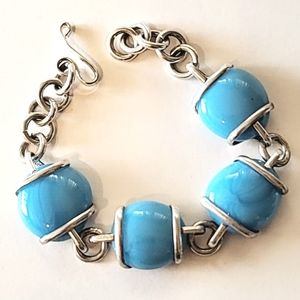 BLUE GLASS CABOCHON BRACELET -  ADJUSTABLE - SILVERTONE